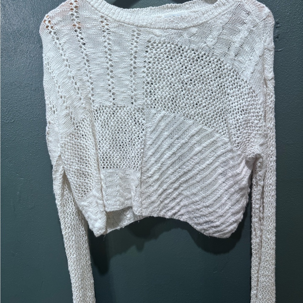 Patchwork Cropped Crewneck Sweater in Cream